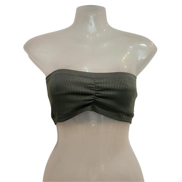 Aerie AE Dark Green Ribbed Real Good Bandeau Strapless Bra Top Size Medium - Picture 1 of 6